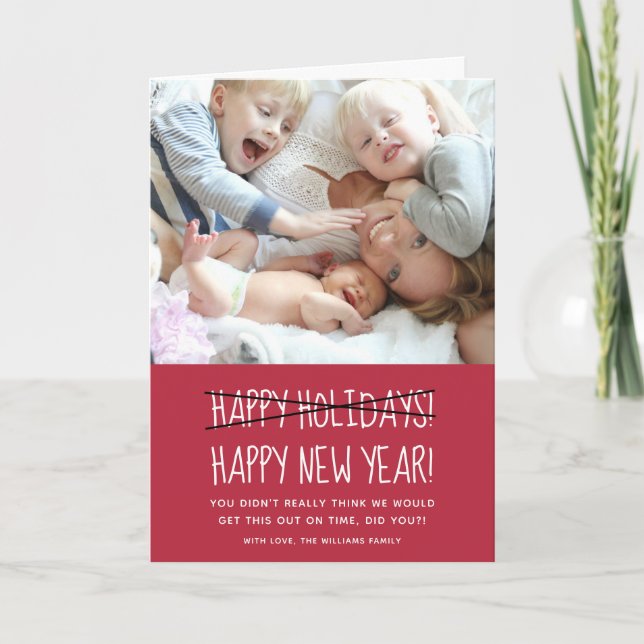 Funny Modern Happy New Year Red Holiday Card (Front)