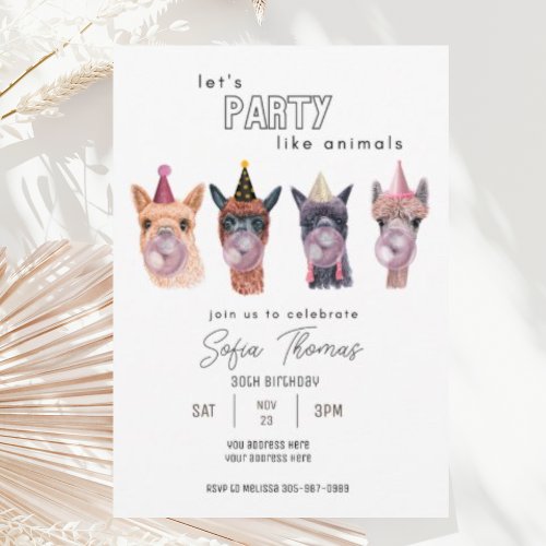 Funny Modern Llama Party Animal Birthday Invitation