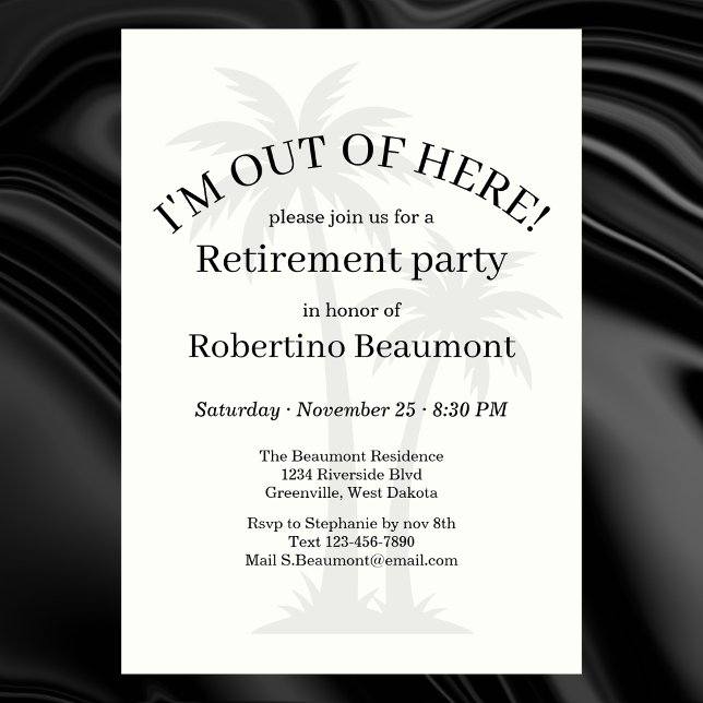Funny Modern Out Of Here Palmtree Retirement Party Invitation (Creator Uploaded)