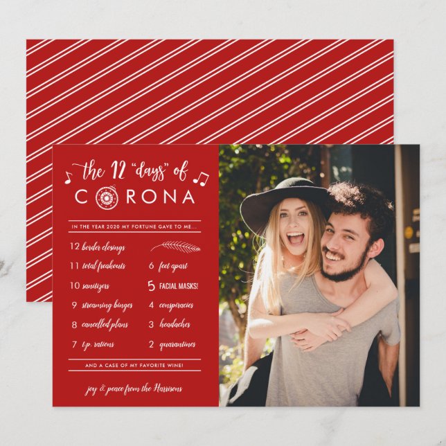 Funny Modern Twelve Days of Corona Red Photo Holiday Card (Front/Back)