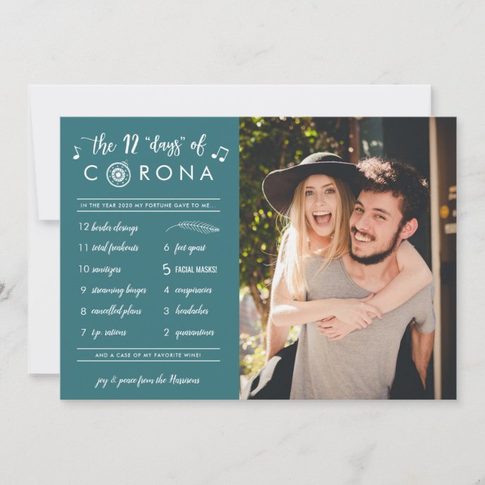 Funny Modern Twelve Days of Corona Teal Photo Holiday Card