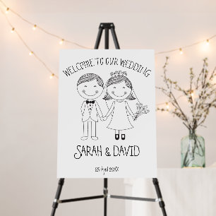 Funny modern wedding doodle cartoon couple welcome foam board