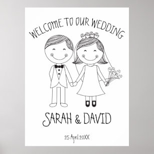 Funny modern wedding doodle cartoon couple welcome poster