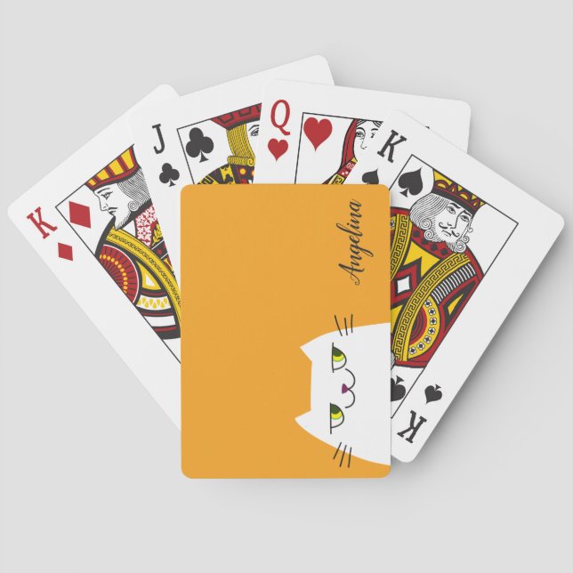 Funny Modern White Cat Mango Mojito Monogrammed Poker Cards (Back)