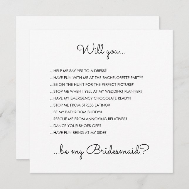Funny Modern White Script Bridesmaid Proposal Invitation (Front/Back)