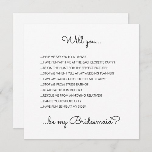 Funny Modern White Script Bridesmaid Proposal Invitation
