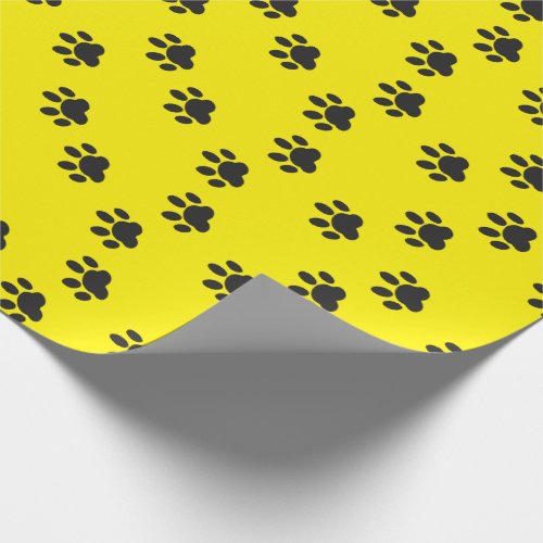 Funny Modern Yellow With Black Paw Prints  Cartoon Wrapping Paper