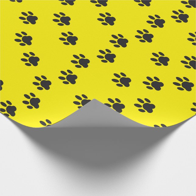 Funny Modern Yellow With Black Paw Prints  Cartoon Wrapping Paper (Corner)