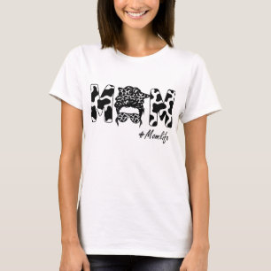Funny Mom Life Cow Messy Bun Hair Bandana Glasses  T-Shirt