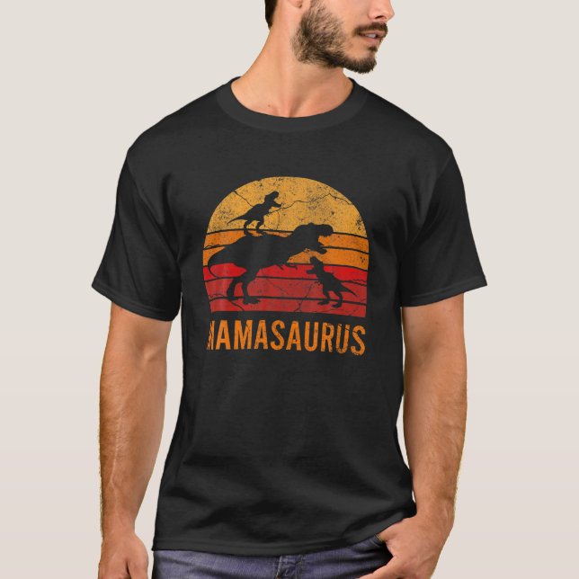 Funny Mom Mama Dinosaur 2 Two kids Mamasaurus Wife T-Shirt (Front)