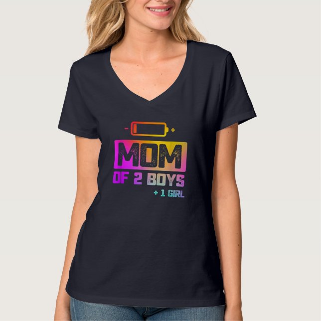 Funny Mom of 2 Boys 1 Girl Low Battery T-Shirt (Front)