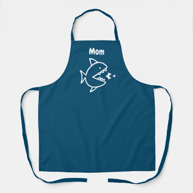Funny Mom Shark Navy Blue White Cooking Apron (Front)