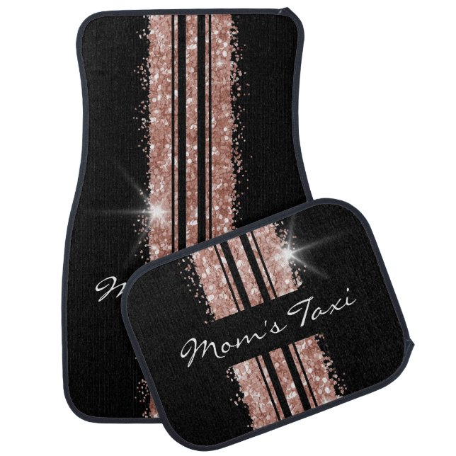 Funny Mom Taxi Rose Gold Black Race Stripe Glitter Car Floor Mat (Set)
