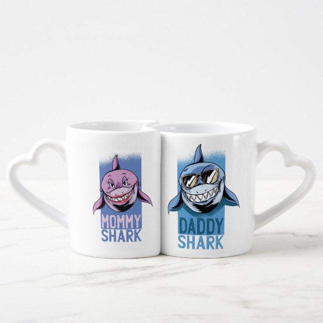 Funny Mommy and Daddy Shark Love Couple Mugs (Back Nesting)