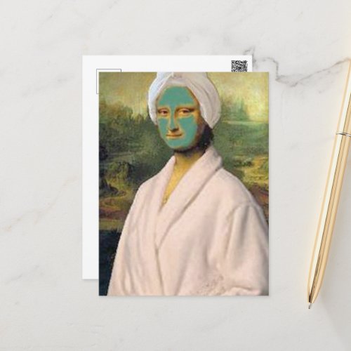 Funny Mona Lisa doing skincare wearing a robe Postcard