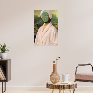 Funny Mona Lisa doing skincare wearing a robe Poster