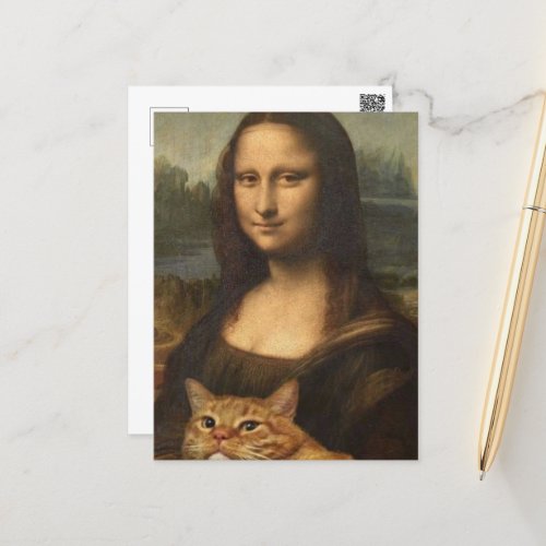 Funny Mona Lisa holding a brown cat Postcard