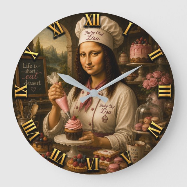 Funny Mona Lisa Pastry Chef Bakery Kitchen Decor Large Clock (Front)
