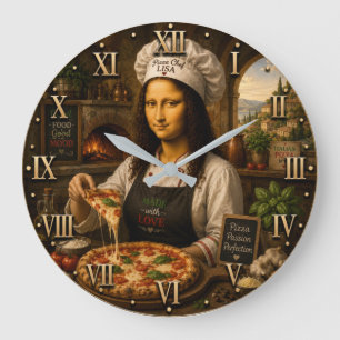 Funny Mona Lisa Pizza Chef Italian Pizzeria Large Clock