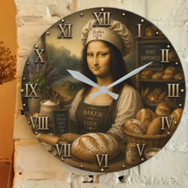 Funny Mona Lisa Rustic Bakery Kitchen Decor Large Clock (Creator Uploaded)