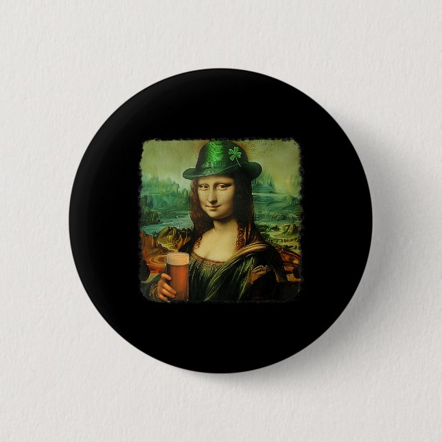 Funny Mona Lisa St. Patricks Day Shamrock Hat Lepr Button (Front)