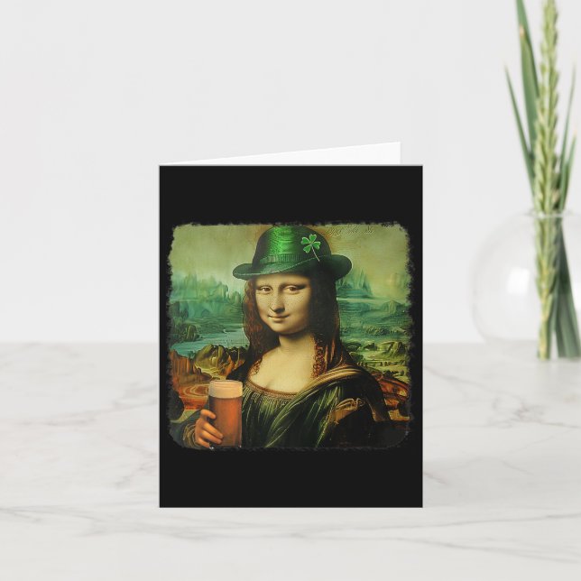Funny Mona Lisa St. Patricks Day Shamrock Hat Lepr Card (Front)