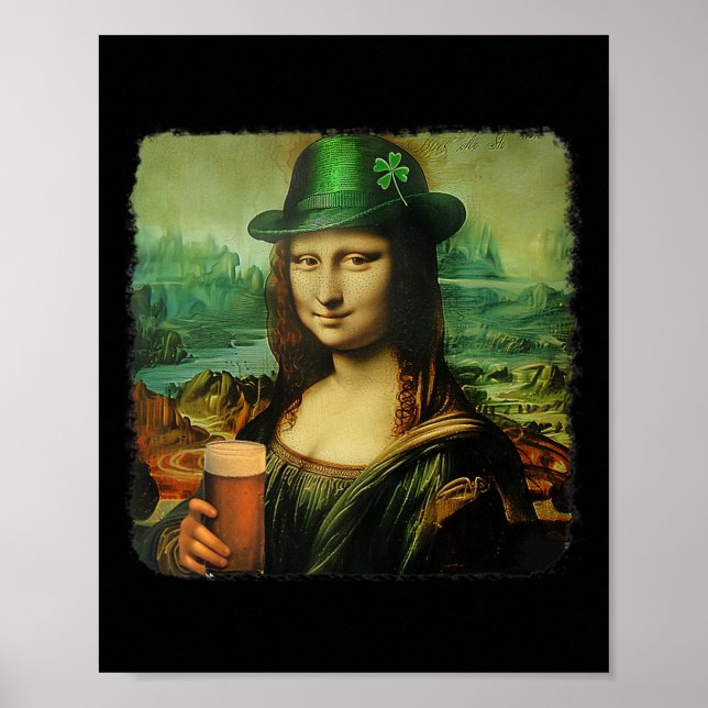 Funny Mona Lisa St. Patricks Day Shamrock Hat Lepr Poster (Front)