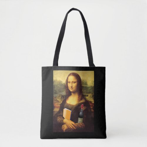 Funny Mona Lisa with Book and Wine Tote Bag