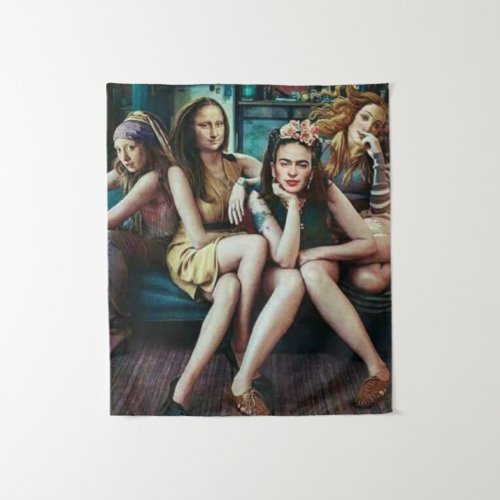 Funny Mona Lisa with her girls friends squad  Tapestry