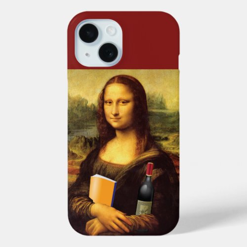 Funny Mona Lisa with Wine and Book iPhone 15 Case