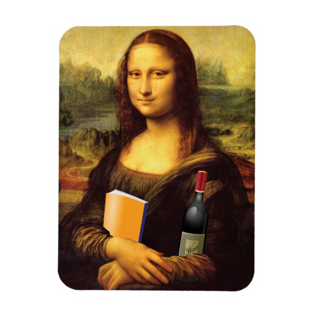 Funny Mona Lisa with Wine and Book Magnet (Vertical)
