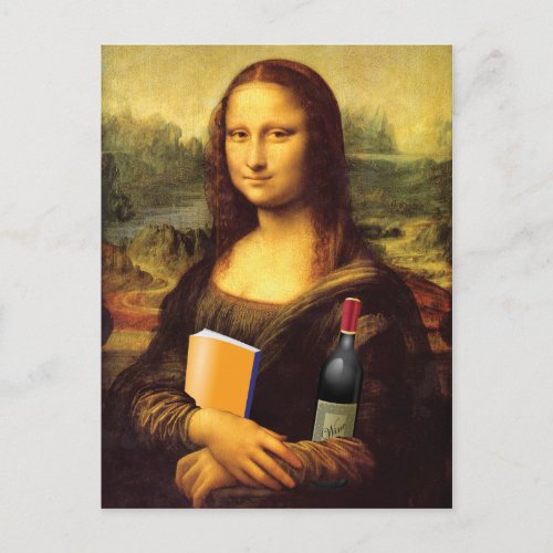 Funny Mona Lisa with Wine and Book Postcard