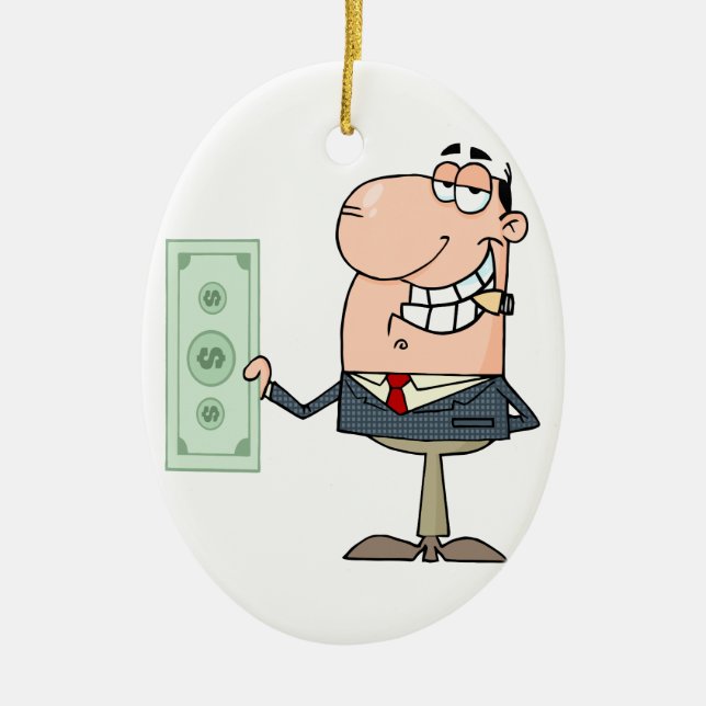 funny money hungry rich businessman cartoon ceramic ornament (Front)