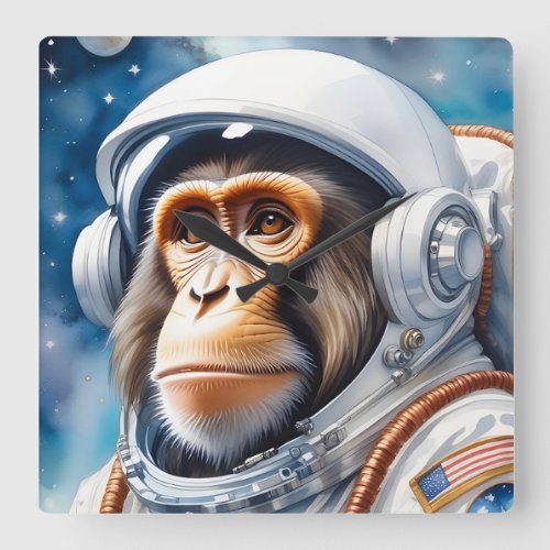 Funny Monkey Astronaut in Outer Space Square Wall Clock