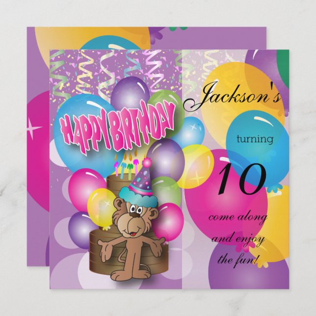 Funny Monkey Purple Birthday Party Invitation (Front/Back)