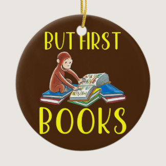 Funny Monkey Reading Book But First Books Ceramic Ornament