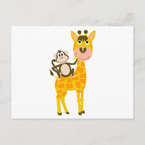 Funny Monkey Riding a Giraffe Cartoon Postcard