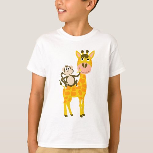 Funny Monkey Riding a Giraffe Cartoon T_Shirt