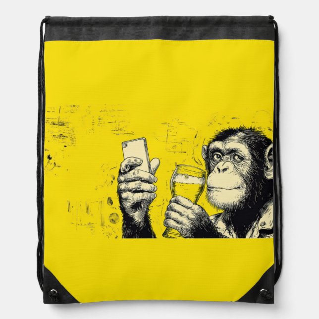 Funny Monkey Selfie Illustration – Cool Chimpanzee Drawstring Bag (Front)