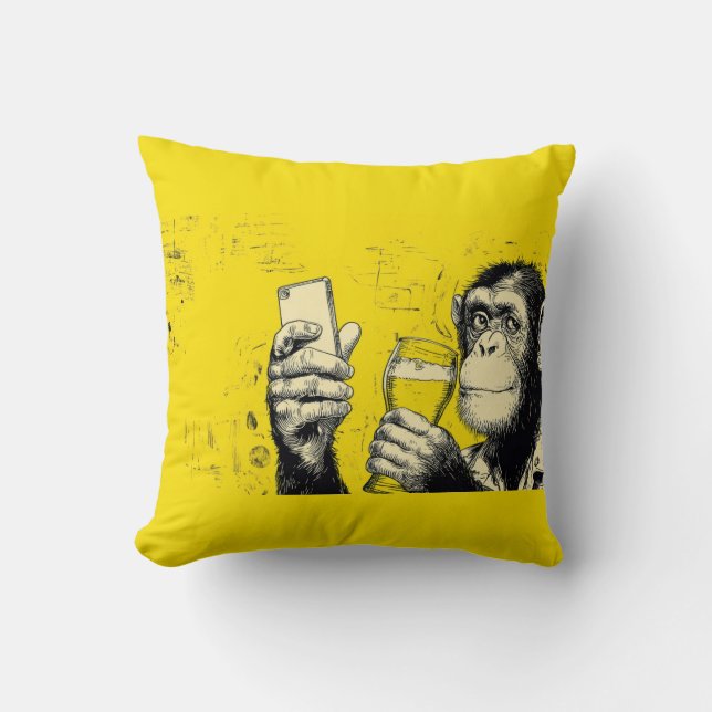 Funny Monkey Selfie Illustration – Cool Chimpanzee Throw Pillow (Front)