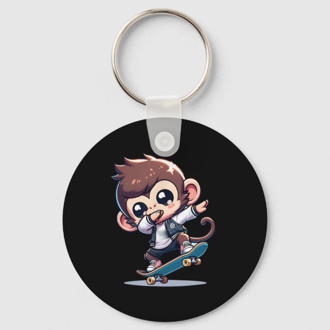 Funny Monkey Skateboarding  Keychain (Front)