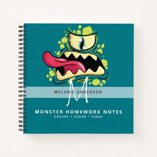 Funny Monogram Teen Girls MONSTER EMOJI Homework Notebook