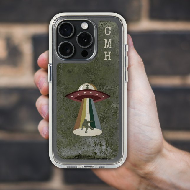 Funny Monogrammed Alien Abduction Bigfoot Green Speck iPhone Case (Creator Uploaded)