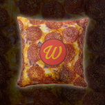 Funny Monogrammed Pepperoni Pizza Photo Gag Gift  Throw Pillow<br><div class="desc">A deliciously greasy pepperoni pizza photo is the star of this design. This was an actual pizza I made,  photographed,  and then ate. 
It features a custom "pepperoni" monogram in the middle!
A great gag gift for Christmas or a birthday for the pizza lover in your life.</div>