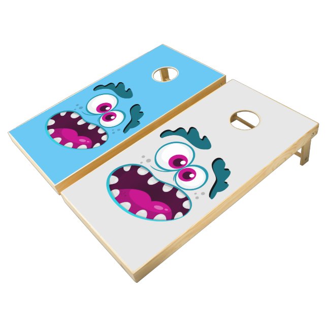 Funny Monster Blue Pink Cool Crazy Face Design Cornhole Set (Angled)