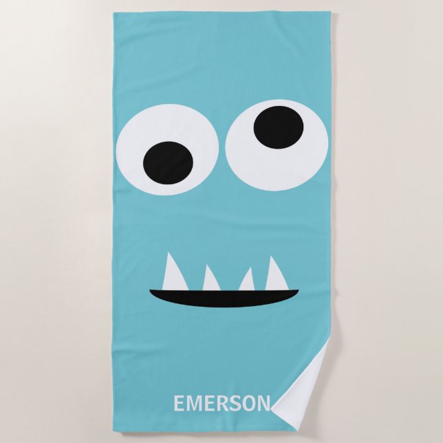 Funny Monster Face Kids Personalized Light Blue Beach Towel (Front)