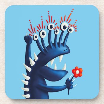 Funny Monster Flower Blue Kids Beverage Coaster by borianag at Zazzle