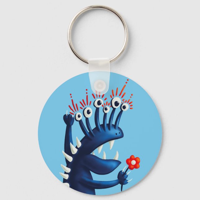 Funny Monster Flower Blue Kids Keychain (Front)