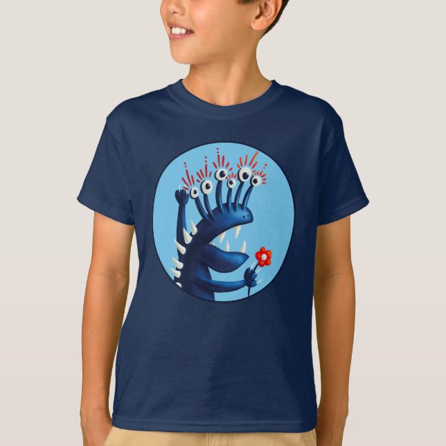 Funny Monster Flower Blue Kids T-Shirt (Front)