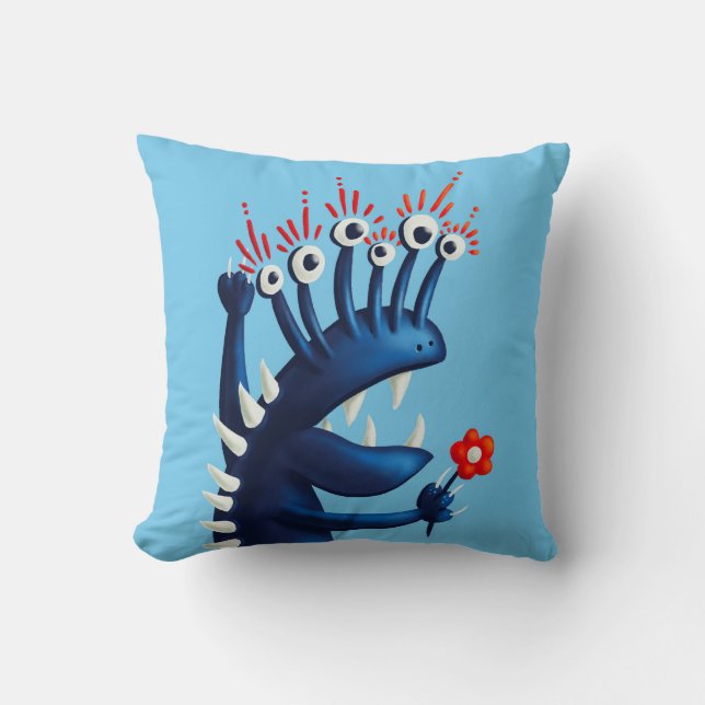 Funny Monster Flower Blue Kids Throw Pillow (Front)